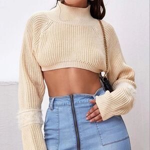 Cropped Sweater Long Sleeve High Neck Sweater